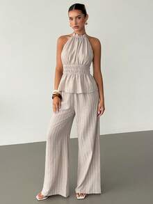 Siren Gaze Women's Light Beige Striped Halter Two Piece Set,Smocked Peplum Top & High Waist Wide Leg Pocketed Pants,Linen Summer Elegant Vacation Co-Ord - Apricot - View 5