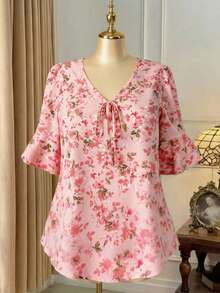 SHEIN Clasi Floral Pattern V-Neck Ruffled Double-Layer Mid-Sleeve Women Blouse - Pink - View 4