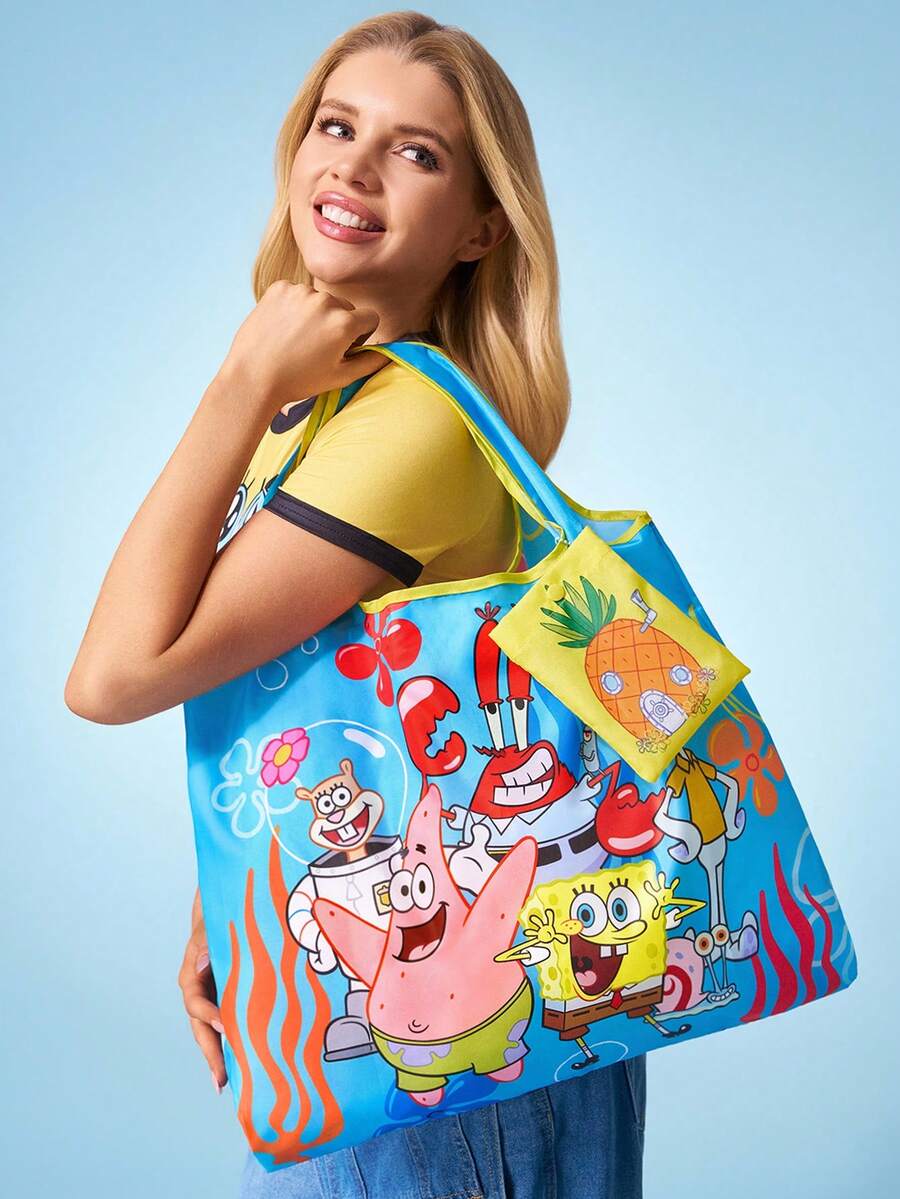 SpongeBob SquarePants | SHEIN 1个可爱卡通人物印花可折叠购物袋/手提袋,配有带珠链的小收纳袋,可挂在包上,轻便易携,适合购物、通勤、外出等场合。 - 混色 - 查看 1