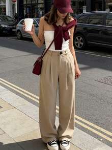 Chiquease Beige High Waist Wide Leg Pants/Minimalist Relaxed Casual Chic Trousers/Commuting/Daily/Versatile Leg Lengthening - Khaki - View 1