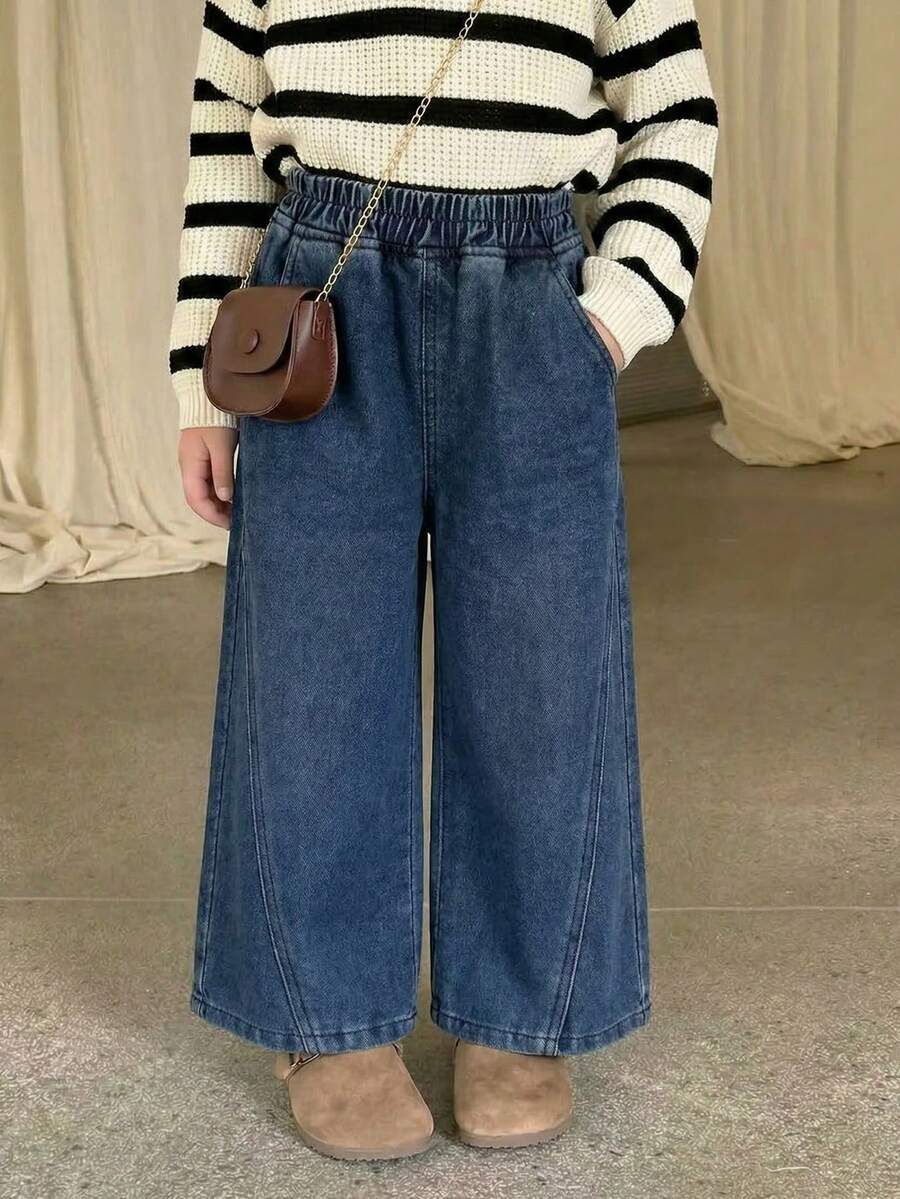 SHEIN Vintaside Kids Young Girls' Casual Washed Vintage Wide Leg Jeans Elastic Waist Jeans Wide Legged Jeans Baggy Jeans Girls Wide Leg Jeans - Light Wash - View 1