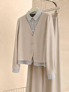 Resyla Women's New Striped Shirt & Wide Leg Pants 2 Pieces Set, Autumn/Winter Outfit - Baby Pink - View 3