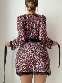Bare Chapter 5pcs Set: Sexy Classic Leopard Print Bodystocking + Robe + 2 Garters + Belt - Pink - View 2