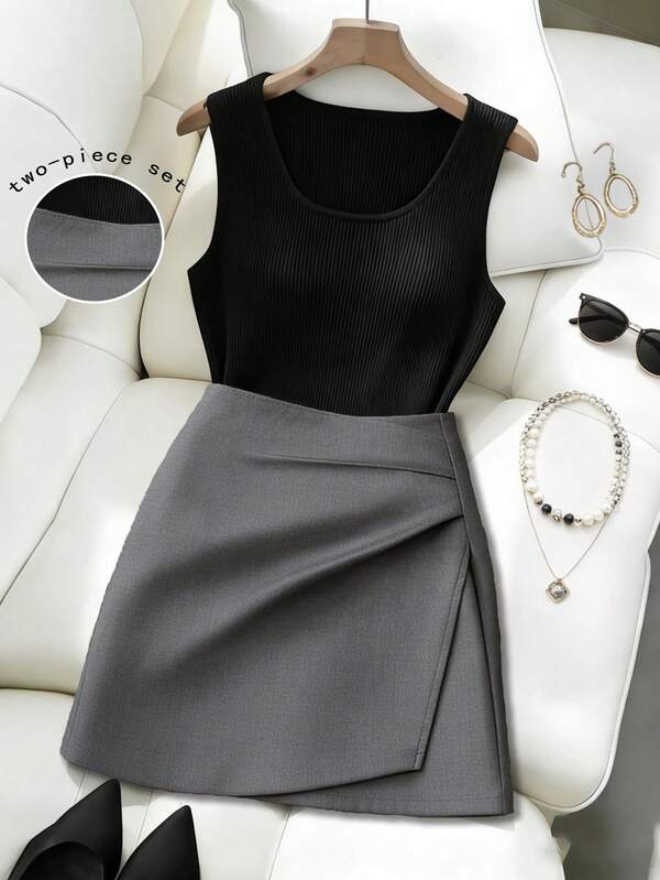 Franclia Women's Solid Color Round Neck Top And Mini Skirt Casual Commuter 2 Pieces Set