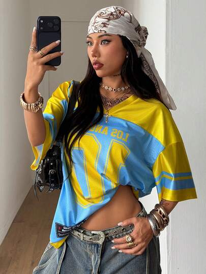 Coolane Summer Outfits For Women Streetwear Casual Vintage Going Out Oversized Sportswear Number Printed Oversized Baseball Jersey T-Shirt,Yellow Jersey T-Shirt,Casual Outfit For Women