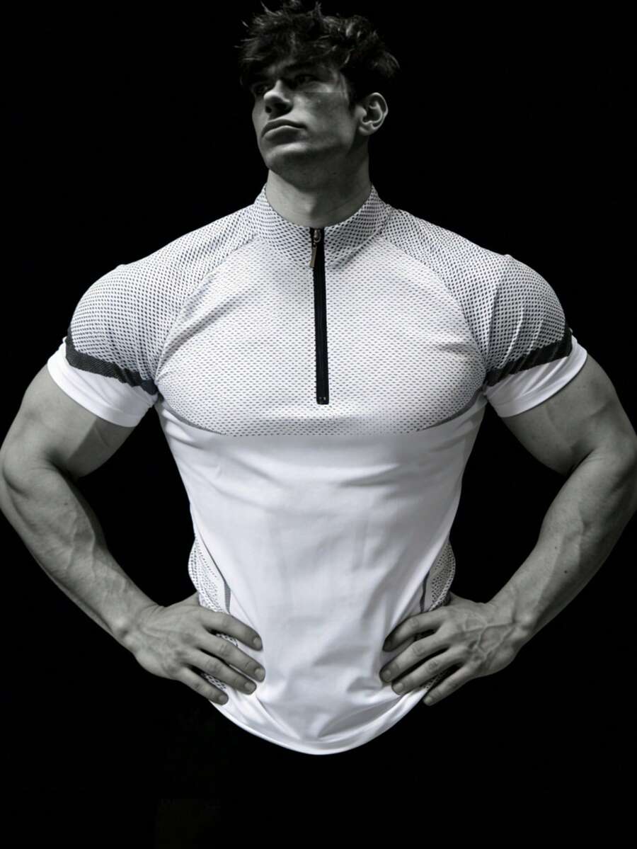 RISE LYT Men's Raglan Short Sleeve Zip-Up Half Placket Sports T-Shirt - White - View 1