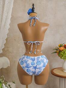 Bellisia Bộ bikini 3 mảnh gợi cảm họa tiết da báo, cổ yếm, cúp ngực tam giác, chất liệu lưới, buộc dây bên hông, dành cho nữ, thích hợp cho kỳ nghỉ. - Xanh và trắng - Xem 7
