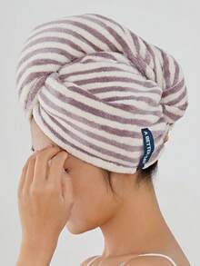 1pc Coral Fleece Striped Pattern Soft Absorbent Women Hair Drying Cap/Bathrobe, Universal Use For Bathroom, Beach, Pool, Sauna - gray purple - View 4