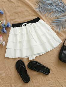 Franclia Women's Summer Beach Vacation Style Waist Splicing Elastic Drawstring Waist Cake Skirt - White - View 1