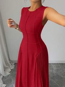 Rafferiza Vestido plisado de línea A sin mangas con cuello mao, diseño minimalista para mujer, primavera/verano - Rojo - Ver 6