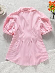 SHEIN Vintaside Kids 少女款柔软条纹前开襟短袖休闲衬衫，灯笼袖，腰部蝴蝶结褶裥A字廓形，适合通勤、度假休闲等场合，夏季穿着。 - 粉色 - 查看 2