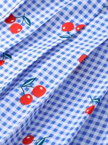2pcs/Set Blue Plaid Cherry Print Sleeveless Shirt Paired With Plaid Pleated Skirt, Suitable For Spring/Summer Outings, Vacation, And Daily Wear - Multicolor - View 6