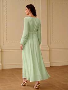 ZEYLAH Belted Patchwork Pleated Long Dress, Spring/Summer - Green - View 3