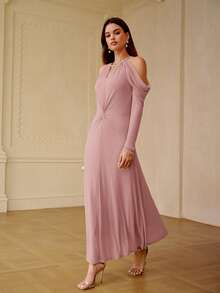 ZEYLAH Elegant Off-Shoulder Fitted Waist Flared Dress, Spring/Summer - Pink - View 5