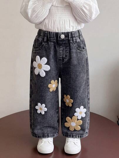 SHEIN Pantalones acampanados con bordado de copos de nieve desgastados para bebés/niñas pequeñas
