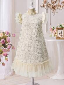 SHEIN Tween Girls White Floral Embroidered Mesh Patchwork Princess Dress,Elegant Summer Holiday A-Line Formal Gown,Wedding Guest Outfit For Al-Adha - Champagne - View 4