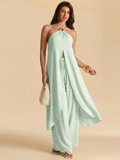 SHEIN BAE Women's Casual Vacation Solid Green Halter Resin Circle Decor Top And Loose Fit Long Pants 2 Piece Set, Suitable For Casual Vacation, Beach Vacation, Casual Daily Wear, Commuting, Vacation, Beach, Comfortable Set, Green Pants Set