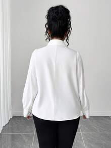 Elenzga Plus Size Women's Solid Color Contrast Lace Long Sleeve Single-Breasted Shirt Teachers' Day Semi Formal White Autumn Elegant - White - View 2
