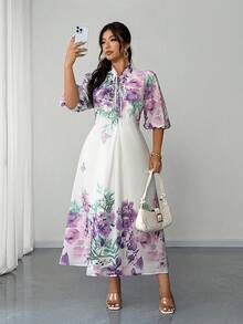 Elenzga Đầm maxi dài tay in hoa cổ tàu dành cho nữ cỡ lớn, thích hợp cho kỳ nghỉ, tiệc tùng và hẹn hò. - Màu tím - Xem 3