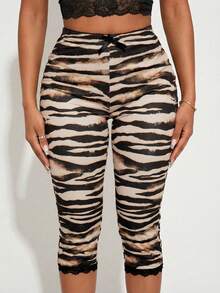 Radiana Sexy Casual Zebra Print Leggings, Bow Lace Trim Leggings, Capri Pants, Skinny Pants, Leisure Pants, Beach Pants, High Elastic Knit Fabric, Slim Fit Curve-Revealing, Suitable For Casual Outings, Urban, Island Vacation, Beach, Holiday, Night, Date, Gathering, Party, Club, Cocktail Party, Carnival, Music Festival, Concert, Festival, Animal Print - Multicolor - View 3