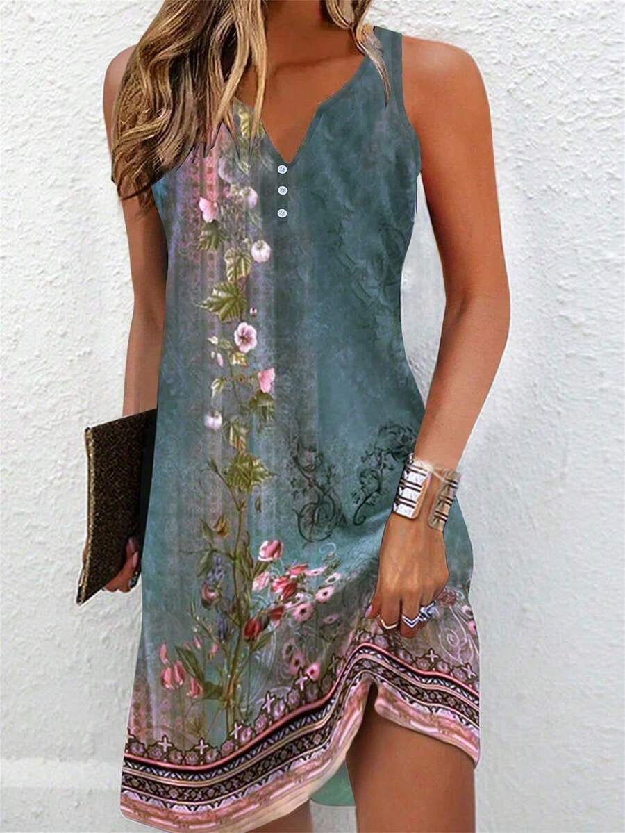 Zayélia Women's Floral Printed Notched V-Neck Sleeveless Dress - Green - View 1
