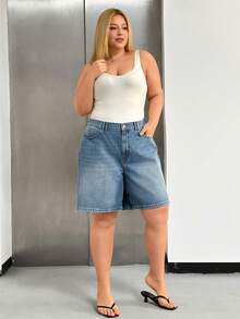 SHEIN City Short High Waist Denim Washed Woman Short Plus Size - Medium Wash - View 3