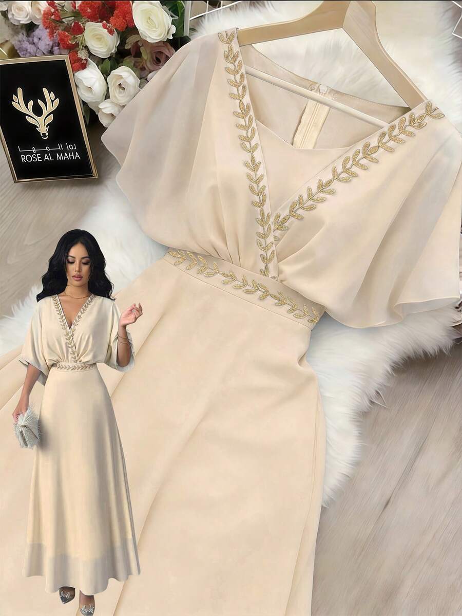 GlowEve V-Neck Batwing Sleeve Cinched Waist Gold Embroidery Elegant Long Dress For Women - Apricot - View 1