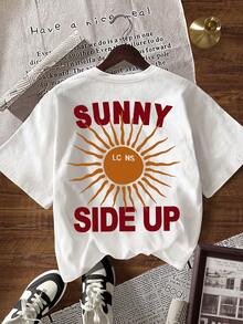 EMERY ROSE Women's Round Neck Letter & Sun Print Casual Versatile Daily Wear Short Sleeve T-Shirt - White - View 5