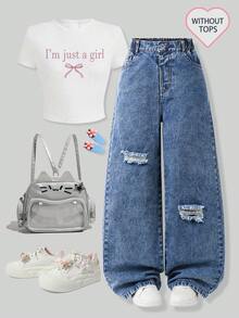 Jeans rectos y sueltos de color azul oscuro lavado para niñas, uso casual y versátil diario, diseño minimalista y de moda - Azul lavado oscuro - Ver 4