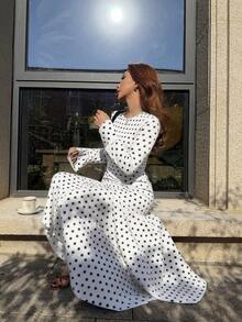 Pariaura 优雅圆领长袖收腰咖啡棕色波点荷叶边连衣裙，秋冬女装 - 白色 - 查看 3