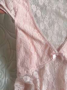 INAWLY Camiseta de mujer de manga corta con cuello en V, encaje transparente, decoración de lazo y bajo asimétrico, para verano - Rosa - Ver 4