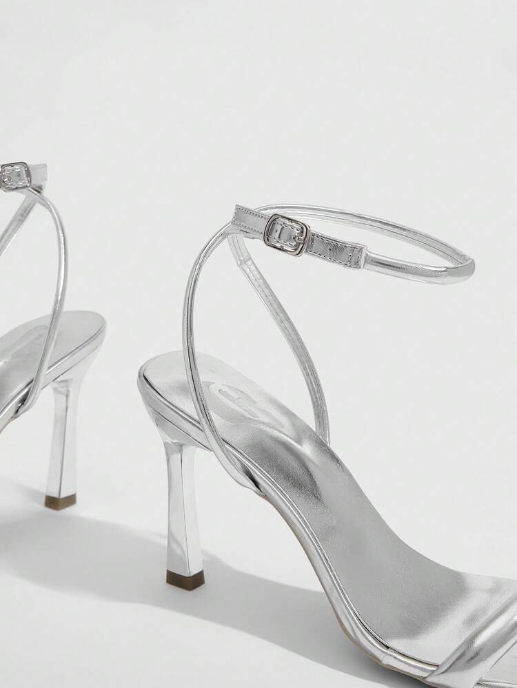 CUCCOO SZL Women Shoes Spring And Summer New Silver Mirror Ankle Strap Women's High Heel Sandals Stylish Simple Comfortable Versatile Sexy Party Banquet Women's Sandals
