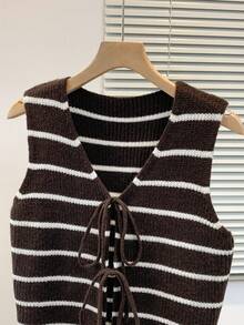 INAWLY Áo vest dệt kim kẻ sọc buộc phía trước dành cho nữ, Thu/Đông - Cà phê nâu - Xem 3