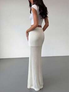 INAWLY Women's Vacation Knit Hollow-Out Mini Skirt - Beige - View 2