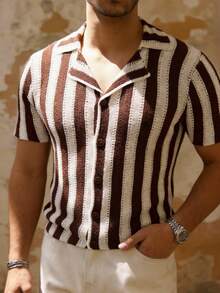 Airaco Áo thun nam tay ngắn kẻ sọc, cài một hàng khuy, kiểu dáng thường ngày. - màu nâu - Xem 3