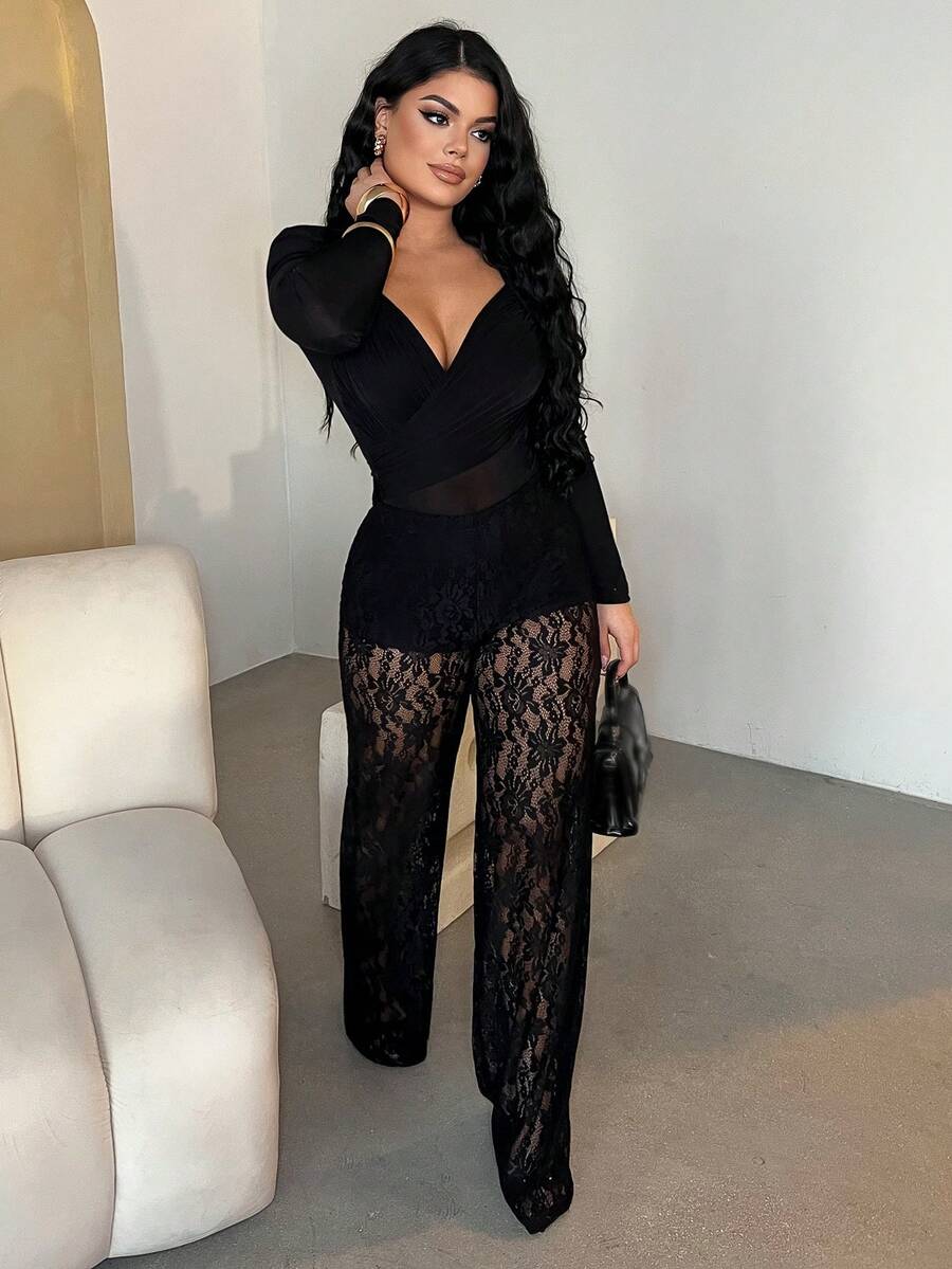 Dayanna Comas 女式 Y2k 性感西式女式低腰蕾丝喇叭裤，优雅时尚 - 黑色 - 查看 1