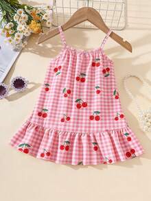 1件适合4-7岁女童的甜美可爱/活力少女风樱桃格子印花无袖连衣裙，轻盈透气，活泼吸睛，适合日常穿着、上学、生日派对、野餐、儿童节、春夏秋季等场合。 - 彩色 - 查看 2