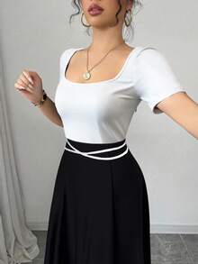 Rafferiza Petite 女款優雅修身短袖拼接腰部繫帶針織中長洋裝，純色拼接休閒沙灘派對雞尾酒洋裝，適合嬌小女性 - 彩色 - 查看 4