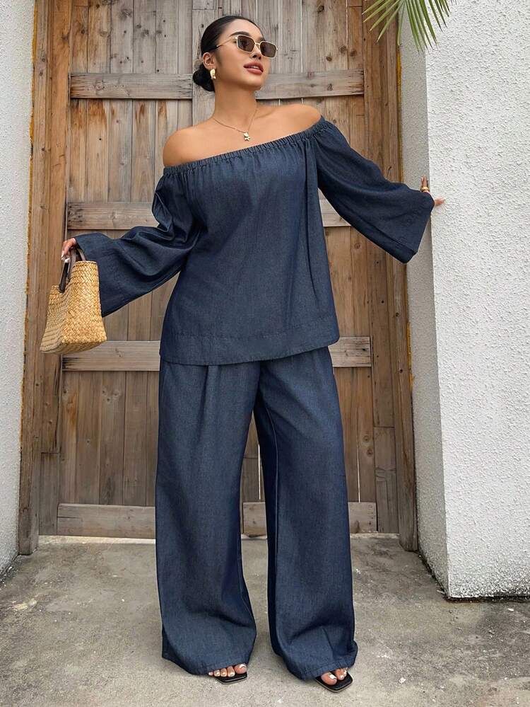 Dazy Plus Dark Wash Denim 2 Pieces Set, Off-Shoulder Loose Denim Top And Wide Leg Jeans, Spring/Autumn