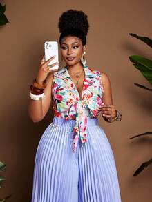 Maweii Plus Size Women's New Elegant Tie-Waist Sleeveless Pleated Wide Leg Jumpsuit, Floral Print Fabric, Versatile For Resort, Beach, Spring/Summer Fall - Multicolor - View 4