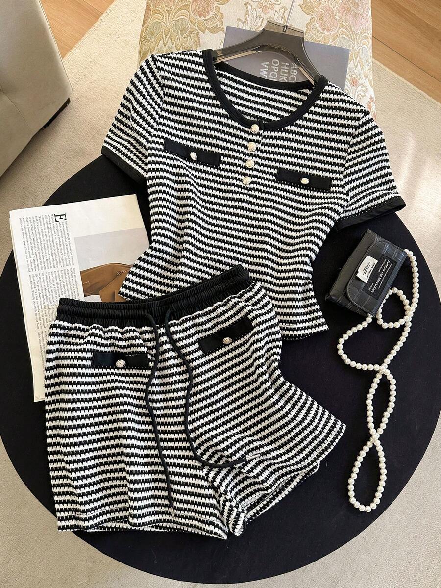 GlowEve Classic Best-Selling Black & White Striped Round Neck Contrast Trim Short Sleeve Casual T-Shirt And Black Drawstring Waist Shorts 2-Piece Set - Black and White - View 1