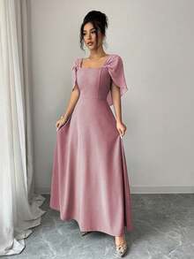 Modelyn 女士方领收腰A字长连衣裙，优雅浪漫日常穿着 - 粉色 - 查看 3