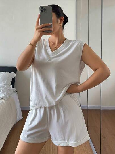 Dazy Plus Conjunto de top sin mangas holgado y pantalones cortos de unicolor, ropa de estar en casa para primavera/verano