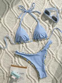 Swim Mod Women's 2pcs Lemon Random Print V-Neck Halter Tie Bikini Set Set, Summer Casual - Multicolor - View 8