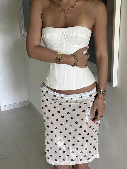 Siren Gaze Women's Elegant Casual White Black Polka Dot Sparkly Sequin Low Waist Side Split Lace Trim Bodycon Midi Skirt, Summer Vacation Holiday Party Night Out Club Outfit White Sequin Skirt Slip Skirt Polka Dot Midi Skirt Sequins Skirt White Polka Dot Skirt