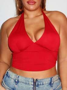 MelDlgn Plus Size Sexy Solid Color Halter Backless Camisole Top, Summer - Red - View 5