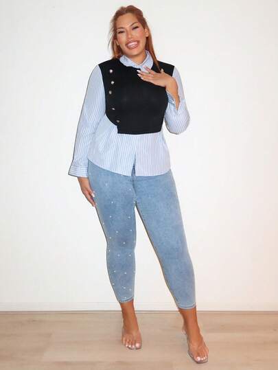 MelDlgn Jeans azul oscuro ajustados de talla grande con decoración de perlas y elásticos