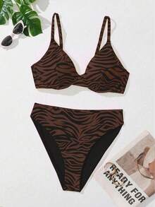 SHEIN Swim Curve 大码女士性感斑马纹比基尼泳装套装，夏季海滩 - 咖啡棕 - 查看 3