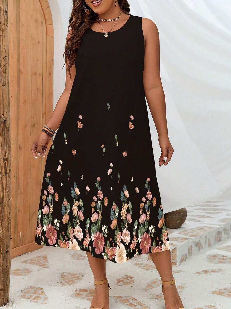INAWLY Plus Floral Print Tank Dress, Summer - Black - View 1