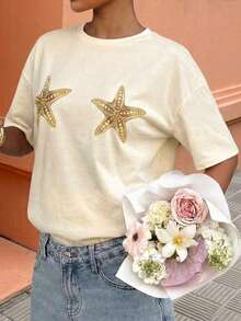 SHEIN LUNE 1pc Women's Gold Starfish Print Loose Round Neck T-Shirt White Summer Casual Sexy Graphic Vacation Holiday Beach Golf Outdoor Wear Spring Starfish Tee - Apricot - View 5